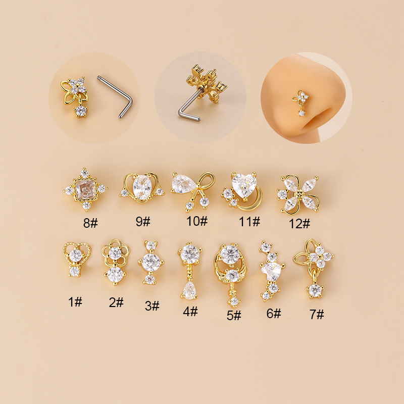 Body Jewelry Nose - จิวเจาะจมูกทรงตัวแอลประดับเพชรคิวบิกเซอร์โคเนีย 20 กรัม ทำจากเหล็กกล้าไร้สนิม 316L สำหรับเจาะจมูก