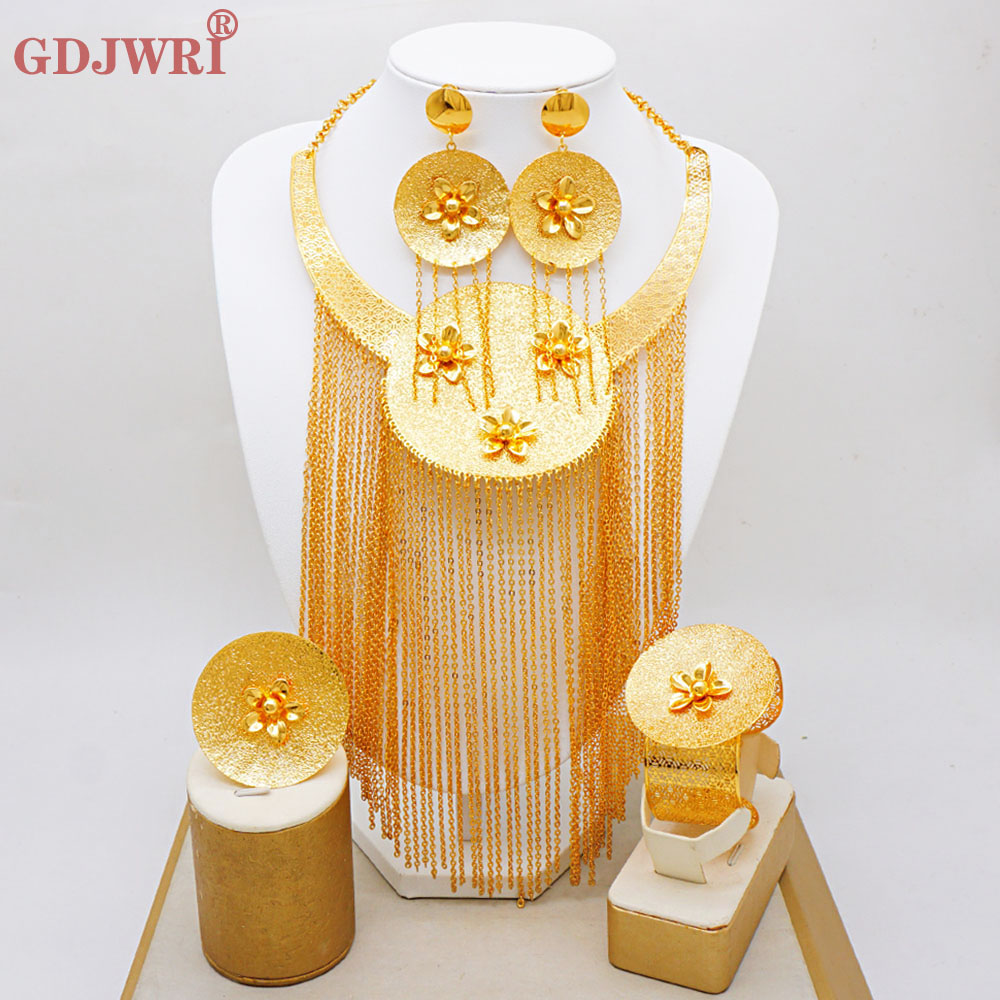 Body Jewelry Dubai - ชุดเครื่องประดับหรูหราแบบยาวและกว้างจากไนจีเรีย ดูไบ ชุบทอง สำหรับผู้หญิง เหมาะสำหรับงานเลี้ยง งานแต่งงาน