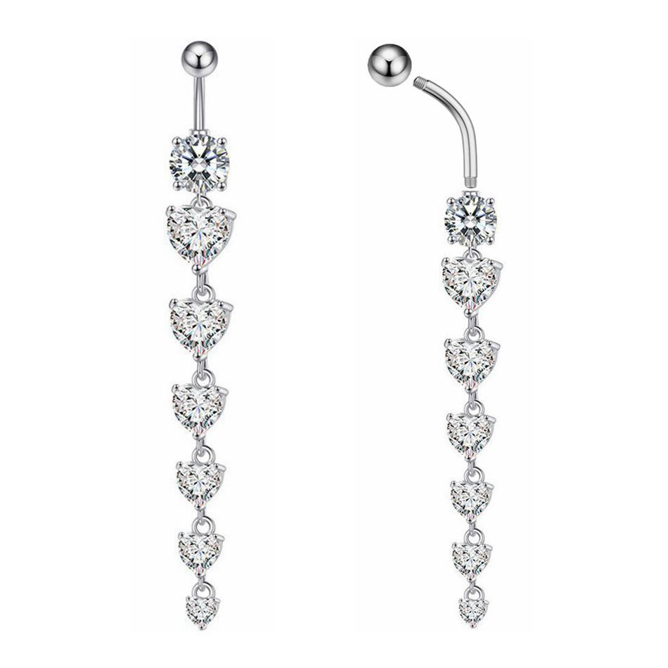 Belly Bar Titanium - จี้ห้อยยาวสีเงินประดับเพชร CZ รูปหัวใจ ขนาด 6-16 มม.