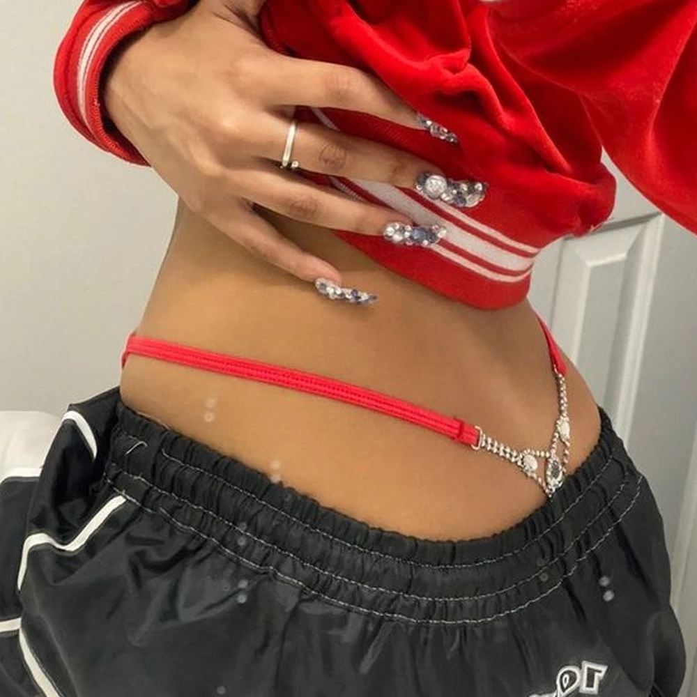 Body Jewelry For You - บิกินีสายหนังประดับพลอยเทียมทรงกลมสุดเซ็กซี่สำหรับผู้หญิงสามารถปรับขนาดได้กางเกงในจีสตริงคริสตัลทรงหยดน้ำสำหรับบิกินี่ชุดว่ายน้ำแบบโซ่