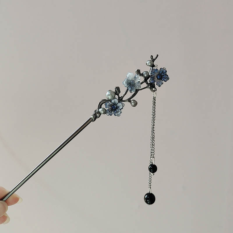 Body Jewelry Beach - กิ๊บติดผมแบบคลาสสิก ลายดอกไม้สีหมึก ประดับพู่โลหะ สำหรับผู้หญิง ประดับมุกสีดำ ลูกปัด